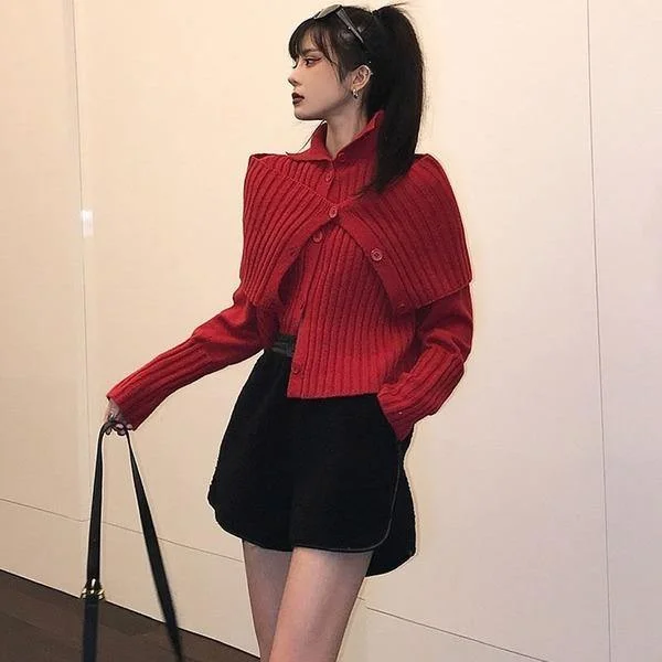 Temperament Red Lapel Buttoned Striped Knit Long Sleeve Sweater