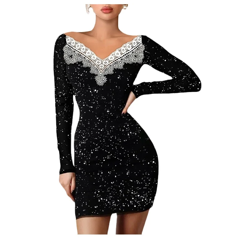 Sexy Long Sleeve Spring Fall Mini Dress Lace Off Shoulder Fashion Elegant Casual Tight Short Dresses For Women Streetwear Black