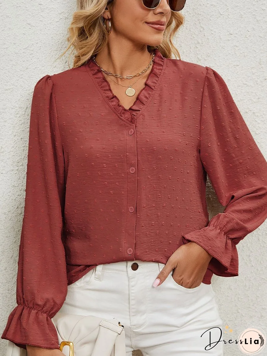 V Neck Solid Color Cut Flower Chiffon Blouse