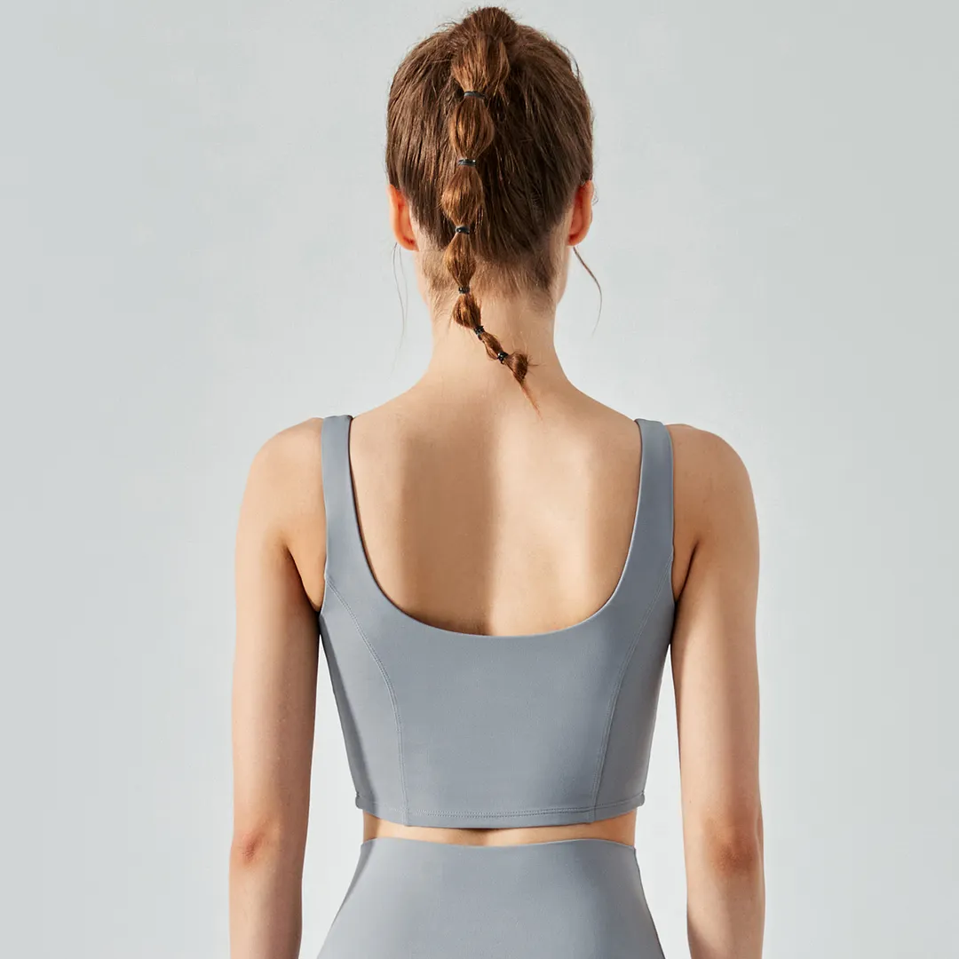 Buy Rhino Gray women's open back fishbone line design skin friendly running fitness vest with built in sports bra of high quality on Hergymclothing