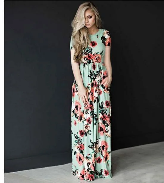 Uveng Summer Round Neck Flowers Print Long Sleeve Dress