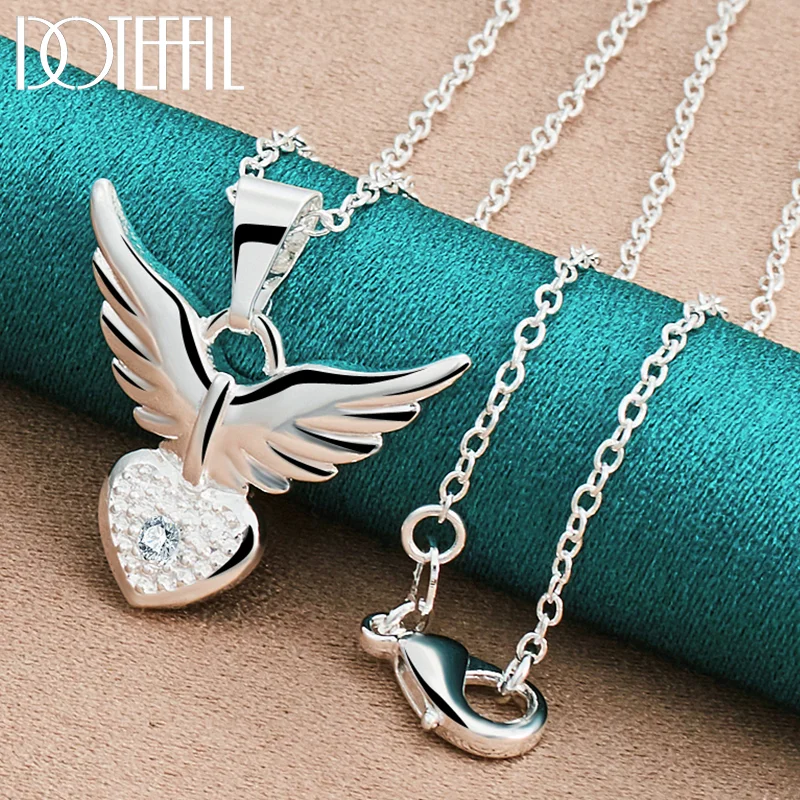 DOTEFFIL 925 Sterling Silver 16-30 Inch AAA Zircon Love Heart Wings Pendant Necklace For Woman Jewelry