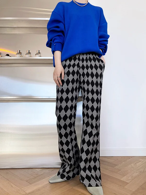 Women Plaid Slim Wide Leg Casual Pants