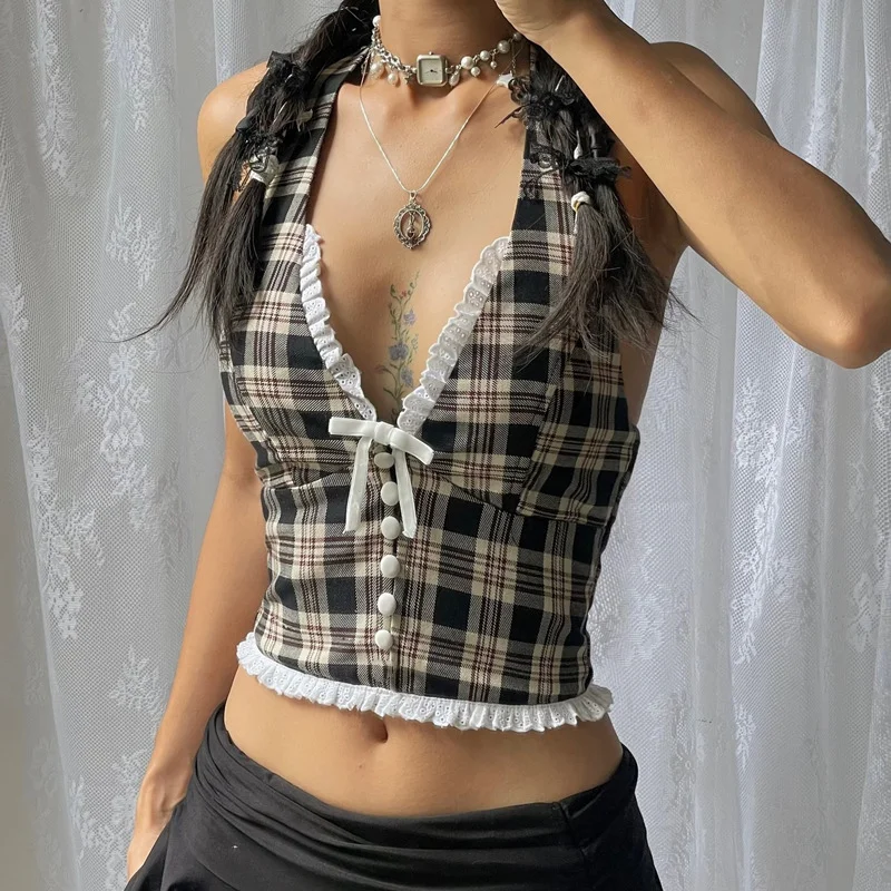 Uveng Uveng Women's Summer 2024 New Fashion Sexy French Sweet Vintage Plaid Neck Hanging Vest Top