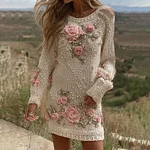 Women's Vintage Rose Art Cozy Knit Mini Sweater Dress - Image 2