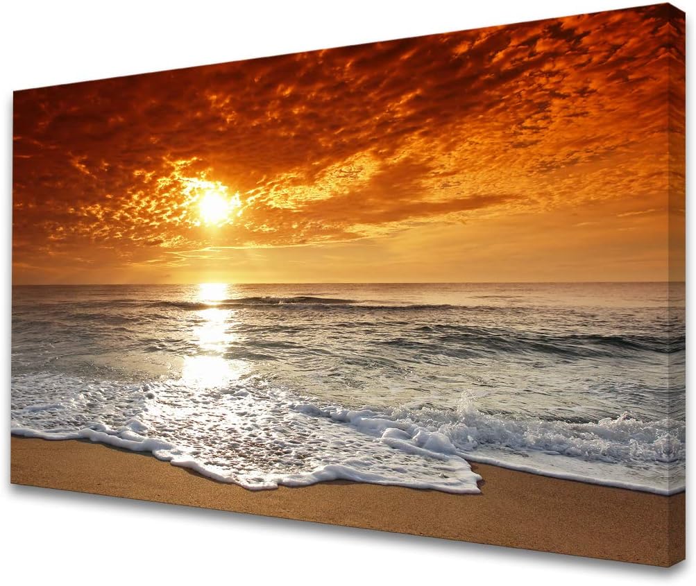 Muolunna S04681 Canvas Prints Wall Art Sunset Ocean Beach Pictures Photo Paintings for Living Room Bedroom Home Decorations Stretched and Framed Ready to Hang Seascape Waves Artwork 32x48inch 32x48inch x1pcs