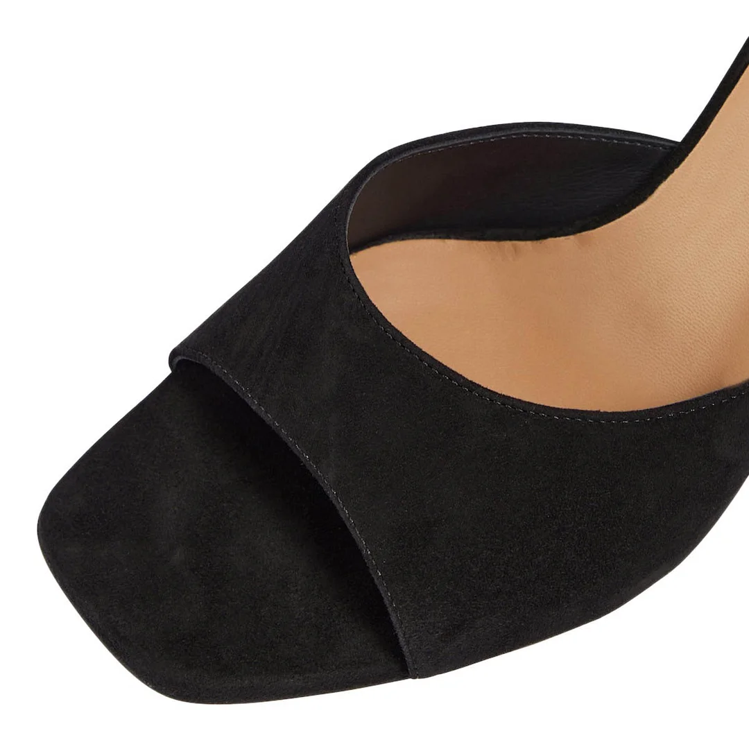 Elegant Black Open Square Toe Rhinestone Embellished Mule Heels