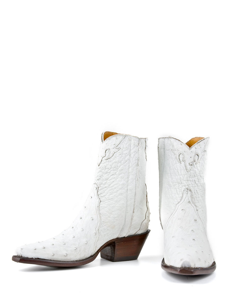 White Ostrich Embossed Snip Toe Chunky Heel Western Boots for Women