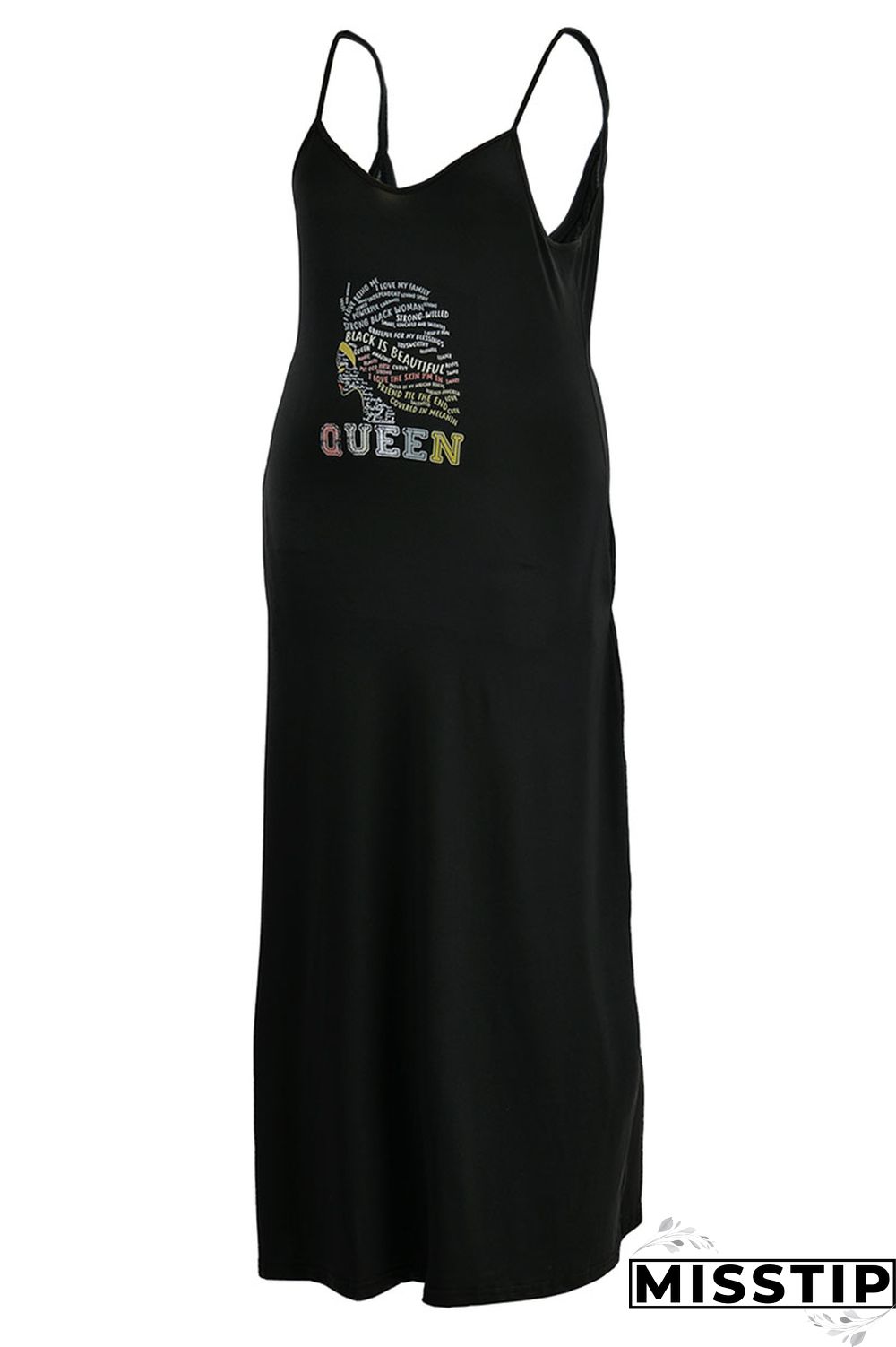 Black Casual Print Patchwork Spaghetti Strap Sling Dress Plus Size Dresses