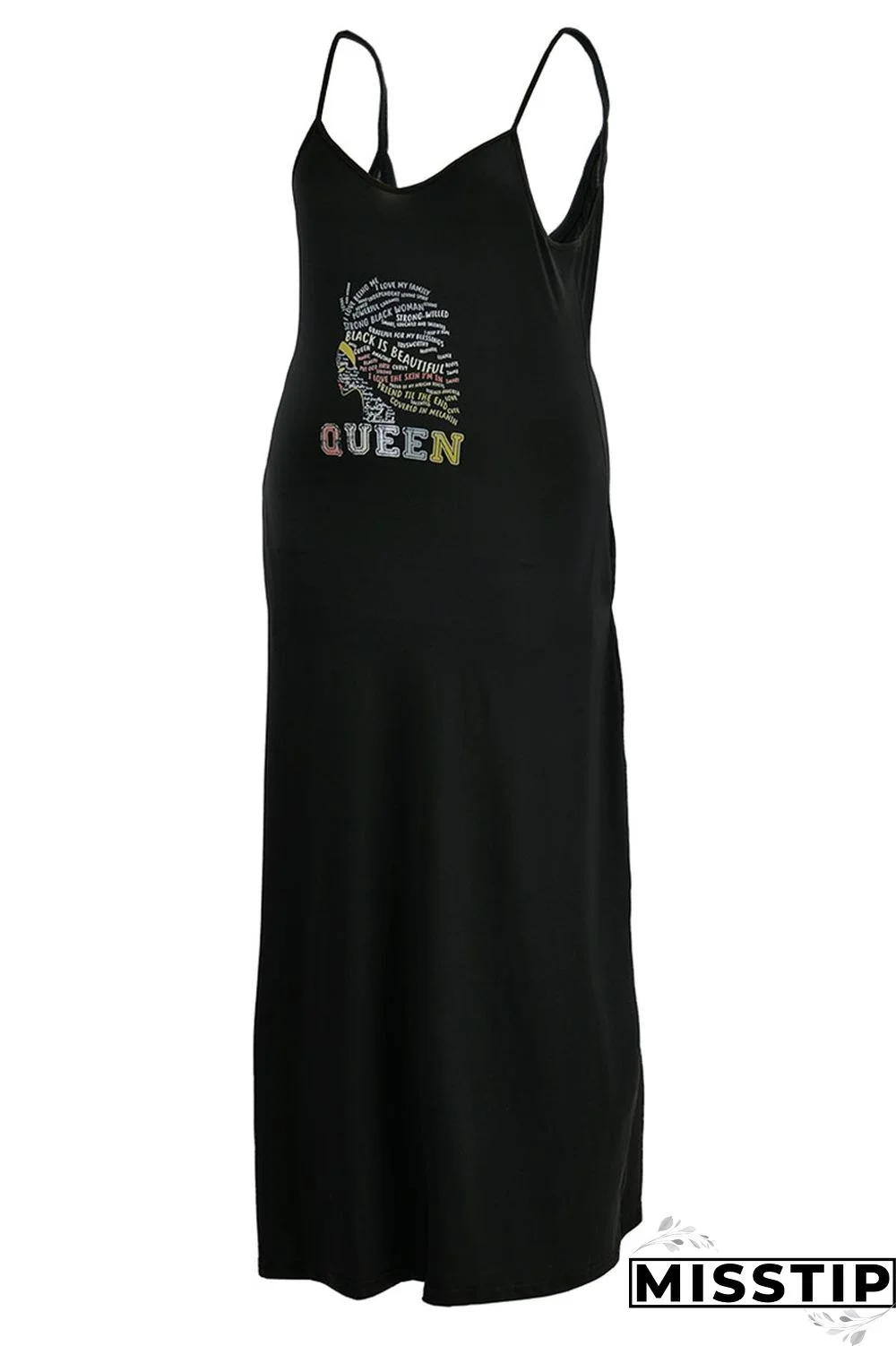 Black Casual Print Patchwork Spaghetti Strap Sling Dress Plus Size Dresses