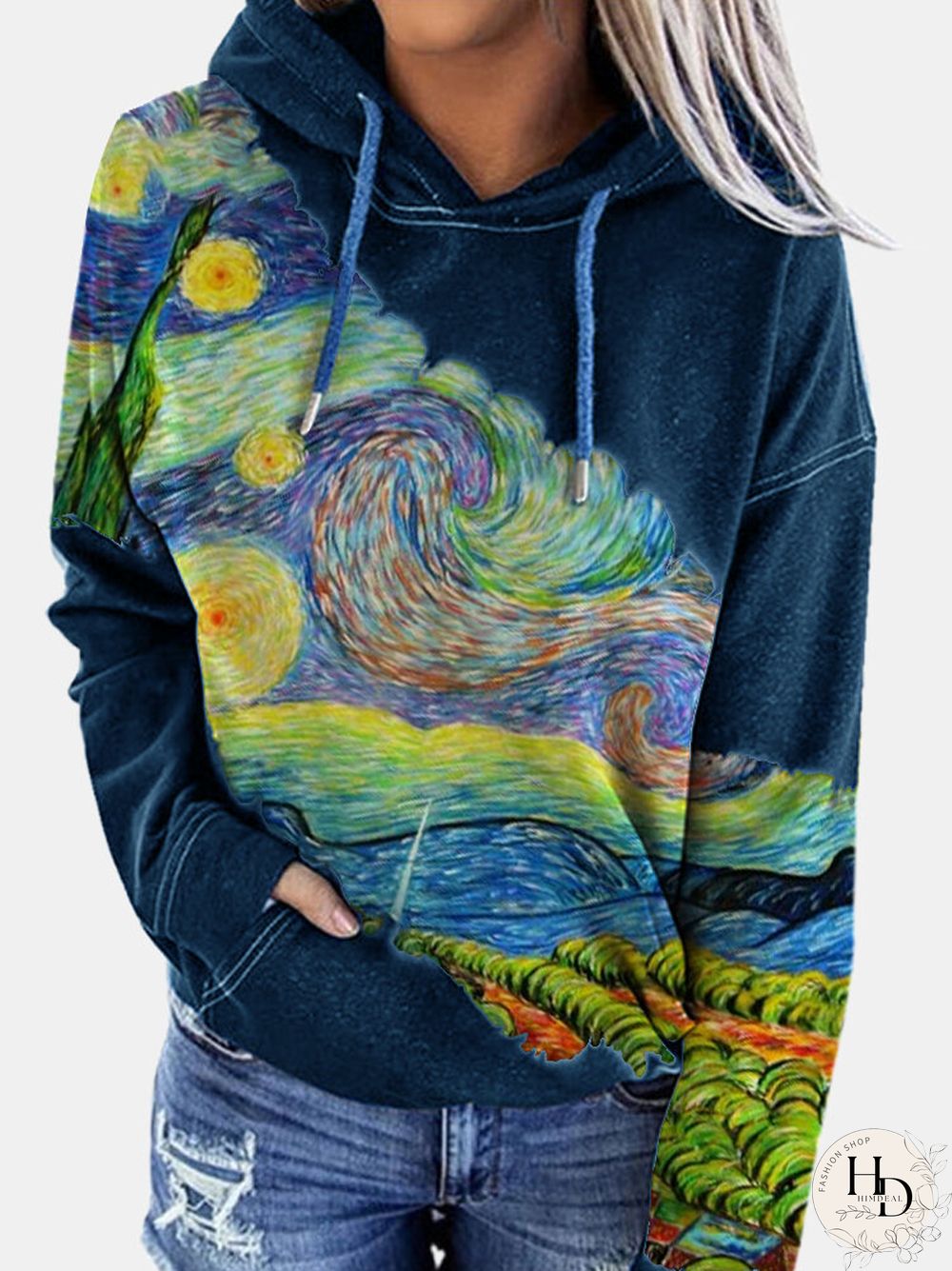 Landscape Printed Long Sleeve Patchwork Hoodie For Women