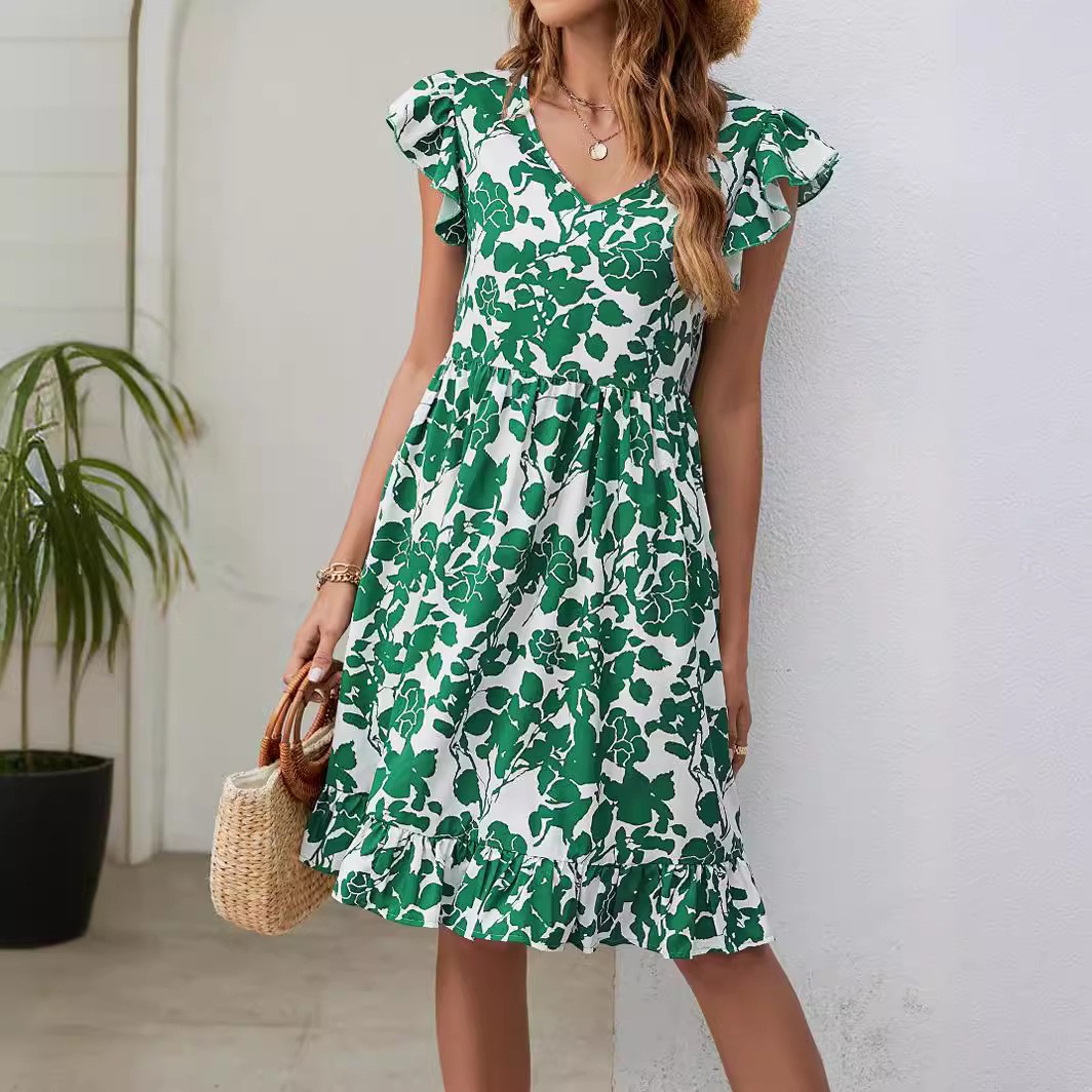 Mature Women Summer V-neck Ruffled Sleeveless A-Line Casual Beach Dress
