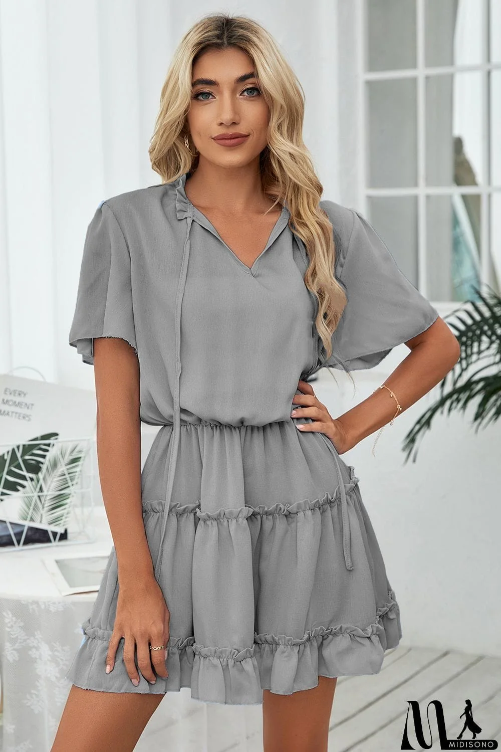 MidiSono - Tie Neck Frill Trim Short Sleeve Mini Dress