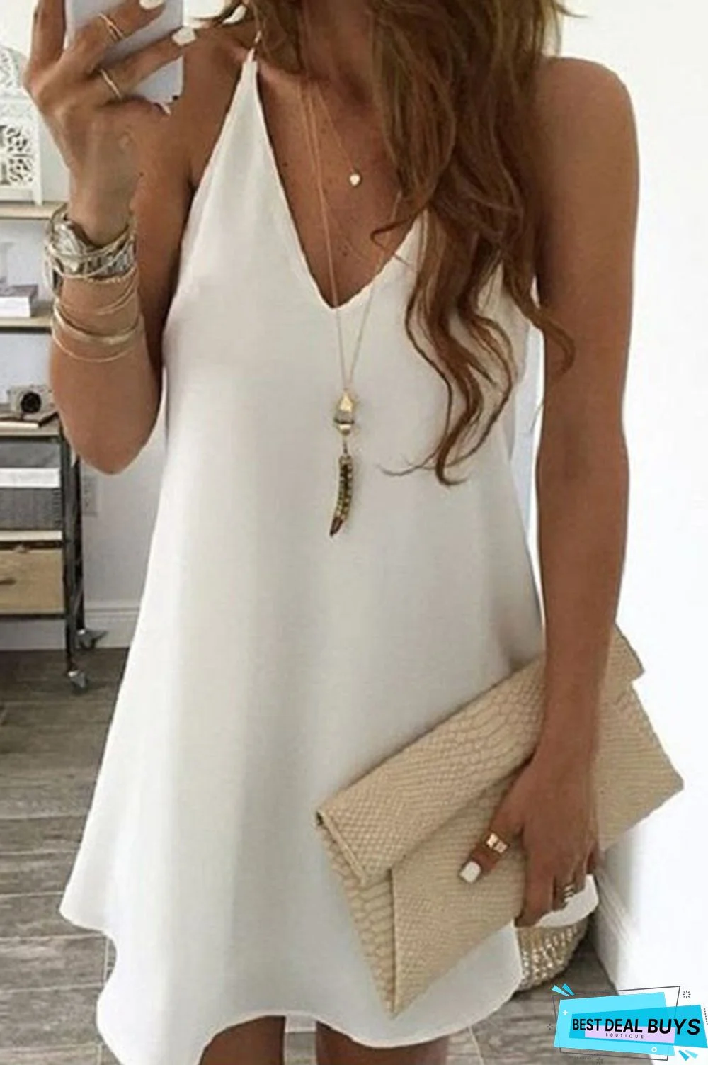 Solid V Neck Sleeveless Mini Dress