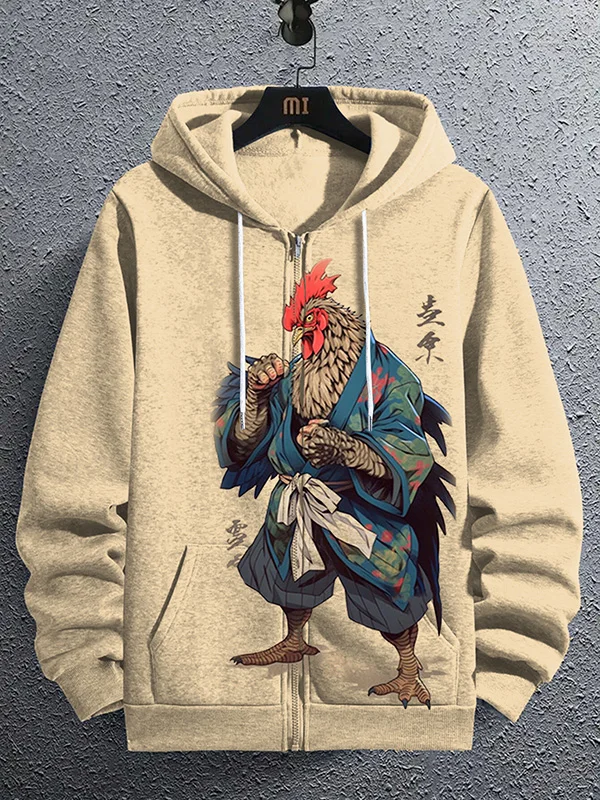 Men's Japanese Rooster Samurai Print Hooded Zip Up Jacket