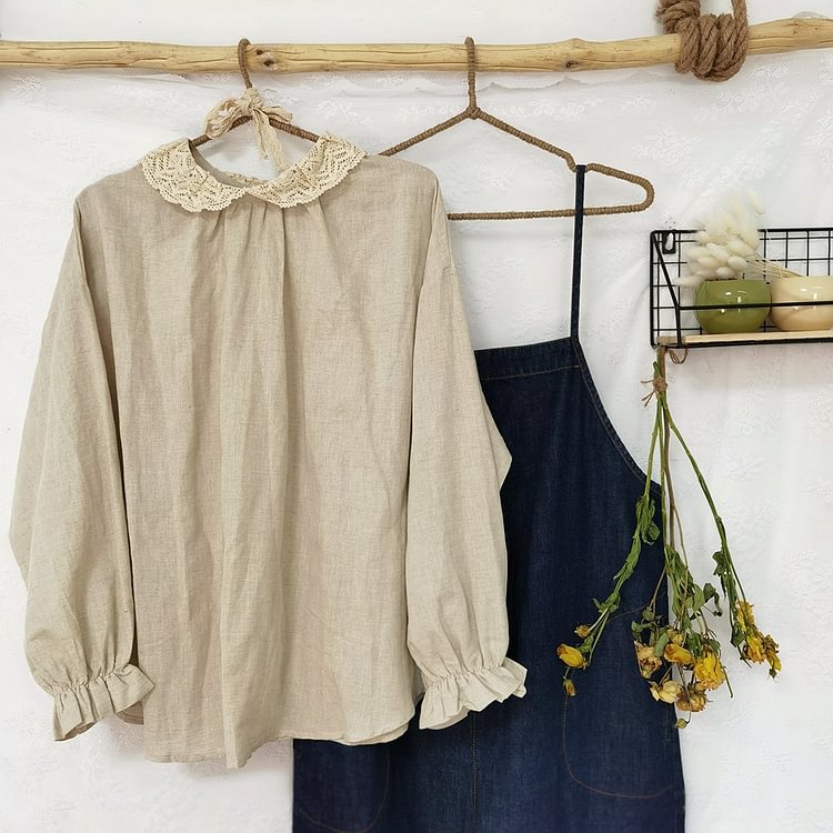 Queenfunky cottagecore style Natural Material Cute Dungrees + Shirt QueenFunky