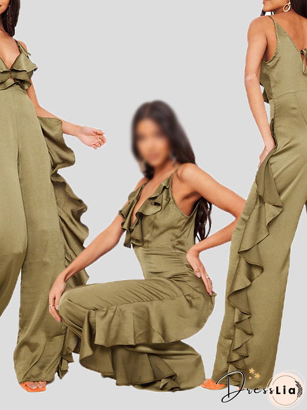 Women'S Jumpsuits Deep V Neck Open Back Ruffle Jumpsuit