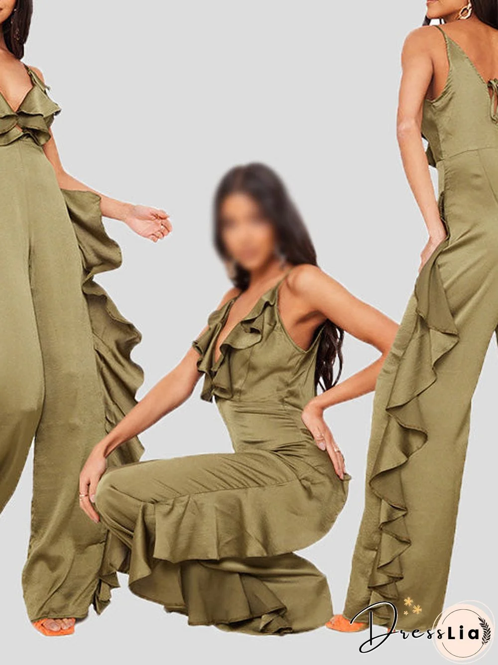Women'S Jumpsuits Deep V Neck Open Back Ruffle Jumpsuit