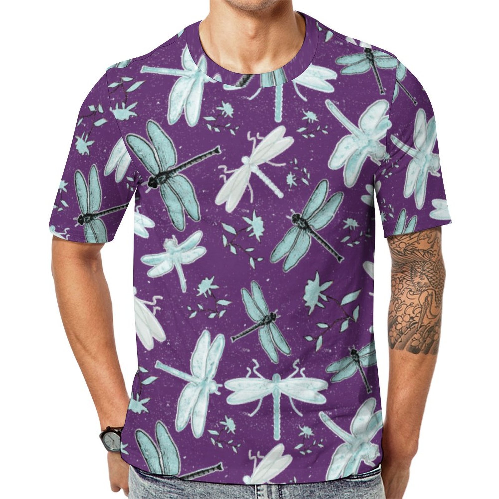 Dragonfly Dragonflies Teal Gray White Flower Short Sleeve Print Unisex Tshirt Summer Casual Tees for Men and Women Coolcoshirts