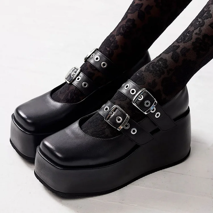 Square Toe Wedge Heel Buckle Platform Mary Janes in Black |FSJ Shoes