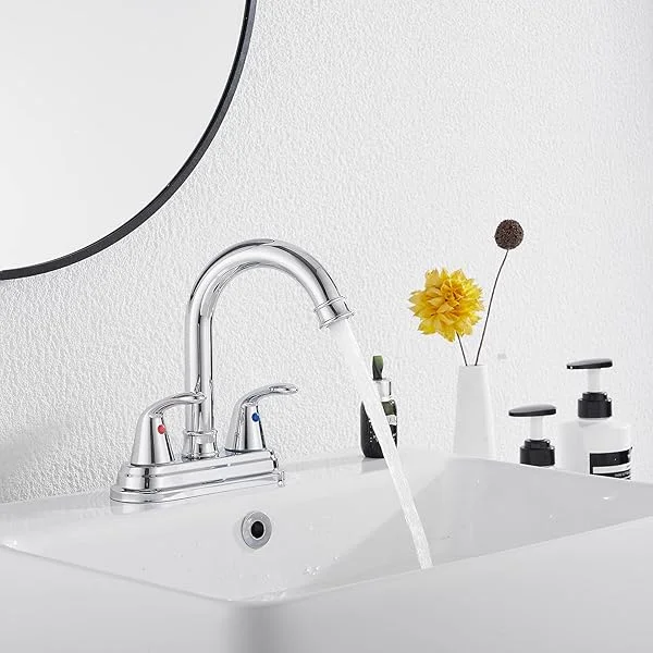 Chrome RV Bathroom Faucet 2-Handles 4 Inches Centerset Bathroom Vanity Faucet with Drain Assembly and Supply Hose Lavatory Faucet Mixer Double Handle Tap Deck Mounted