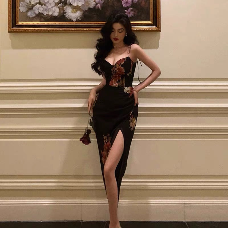 Aiertu Sexy Sheath Spaghetti Straps Black Floral Slit Prom Dresses Birthday Outfits HOT753 Aiertu