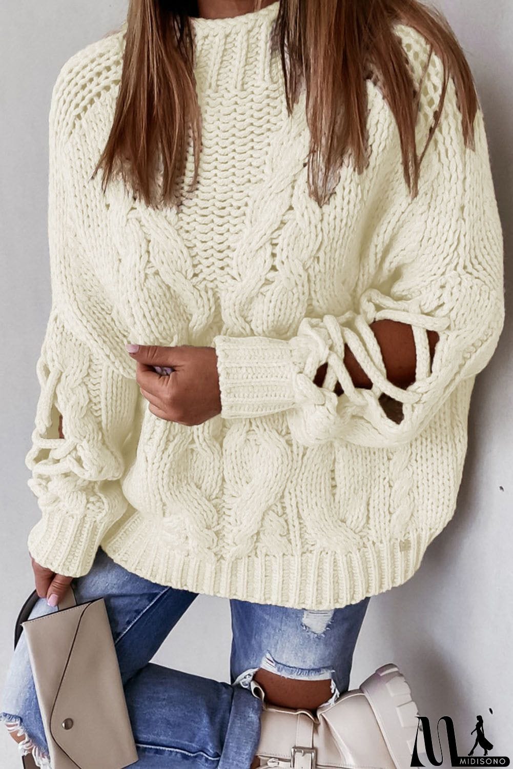 MidiSono - High Neck Cable Knit Hollow-out Sleeves Sweater