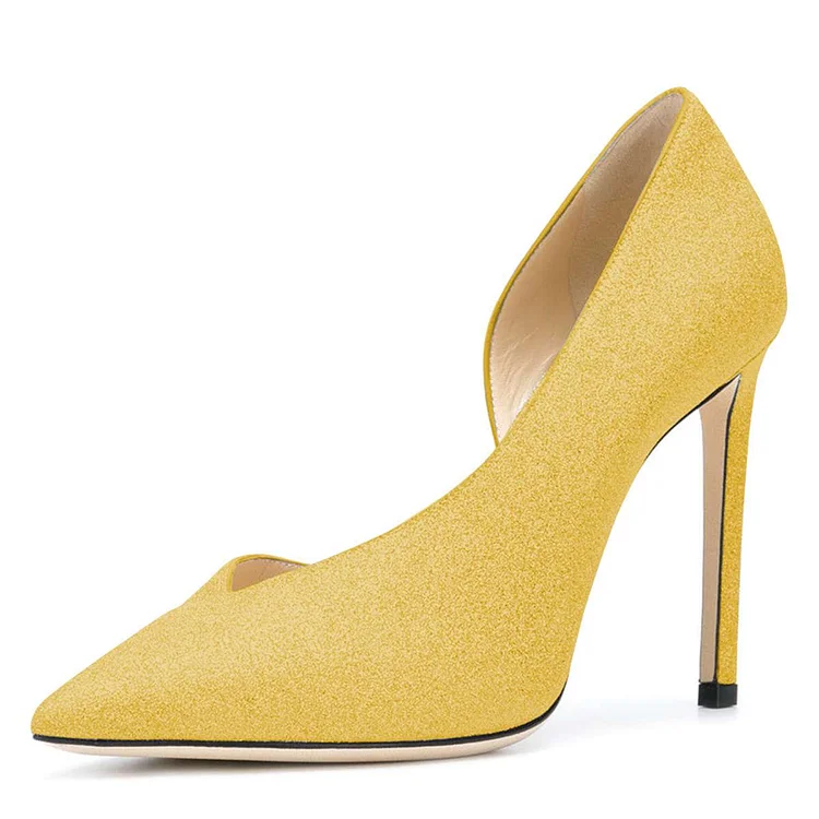 Women's Yellow Pointy Toe Stiletto Heels Glitter Shoes |FSJ Shoes