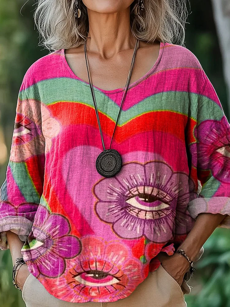Women's Vintage Psychedelic Eyes Rainbow Bohemian Floral Art Print Casual Cotton And Linen Shirt