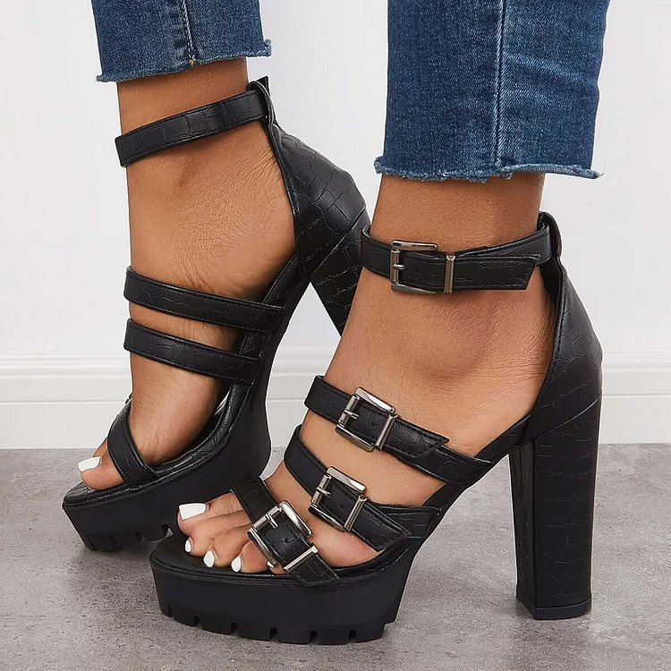 Black Platform Chunky High Heels Buckle Strappy Dress Sandals