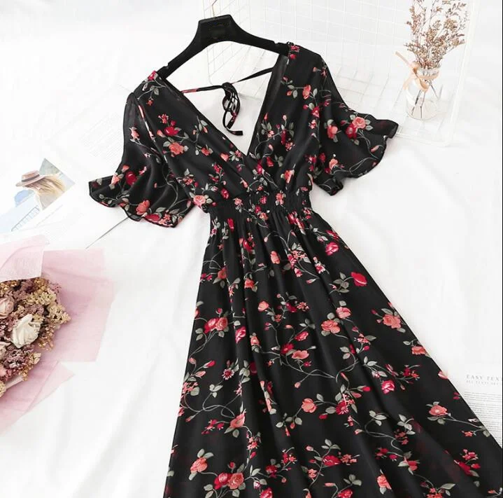 Summer Dress Vintage Floral Ruffles Women Print Short sleeve Chiffon Boho Dresses Mid-calf A-line Backless Sexy Dress Vestidos