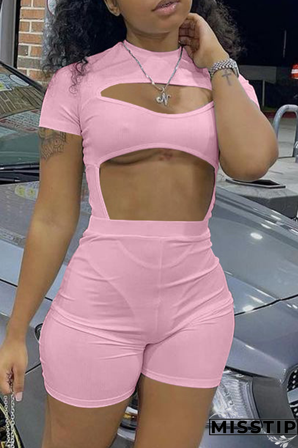 Khaki Sexy Solid Hollowed Out Half A Turtleneck Short Sleeve Two Pieces