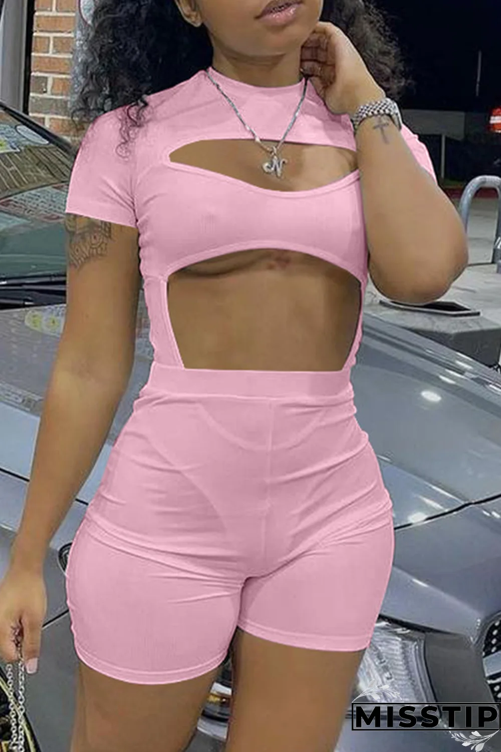 Khaki Sexy Solid Hollowed Out Half A Turtleneck Short Sleeve Two Pieces