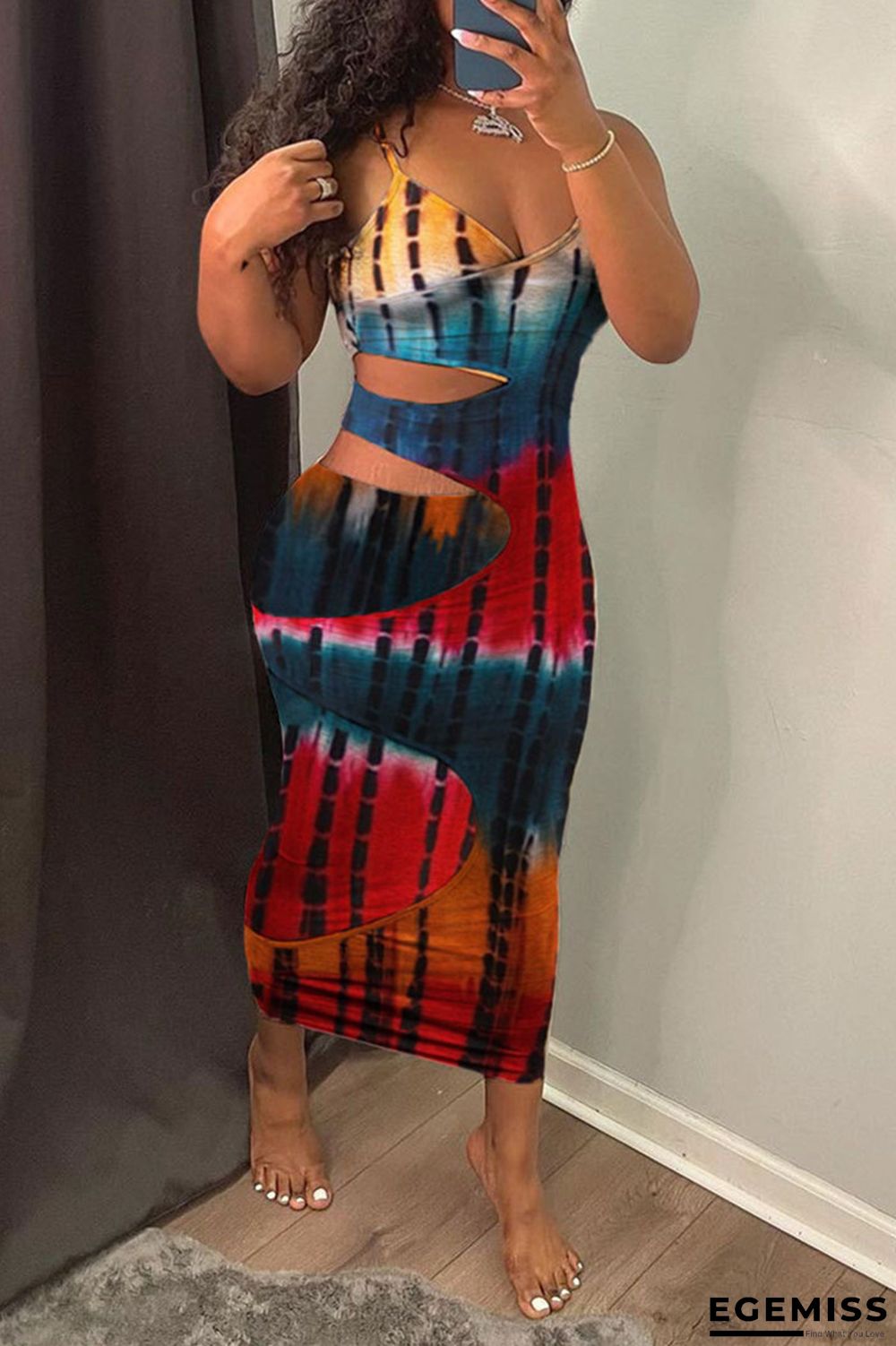 Red Fashion Sexy Print Tie Dye Hollowed Out V Neck Sling Dress | EGEMISS