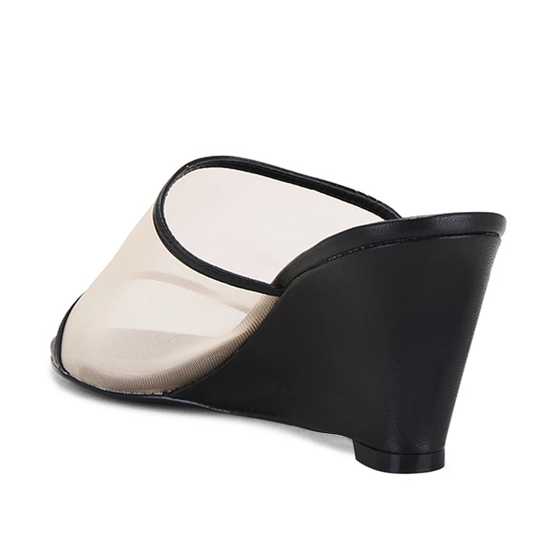 Black Mesh Open Round Toe Wedge Heel Slide Mules for Women