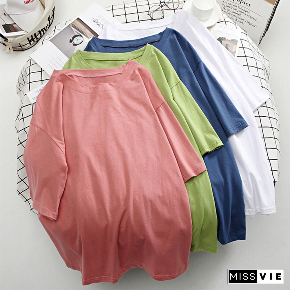 Basic Cotton T Shirt Women Summer New Solid Tees 7 Color Casual Loose Tshirt Korean O Neck Female Tops