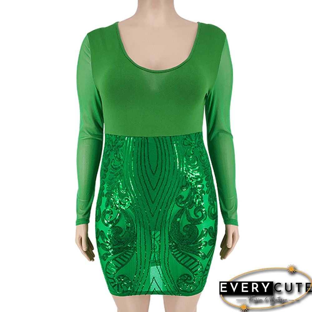 Green Spliced Embroidery Mesh Plus Size Dress