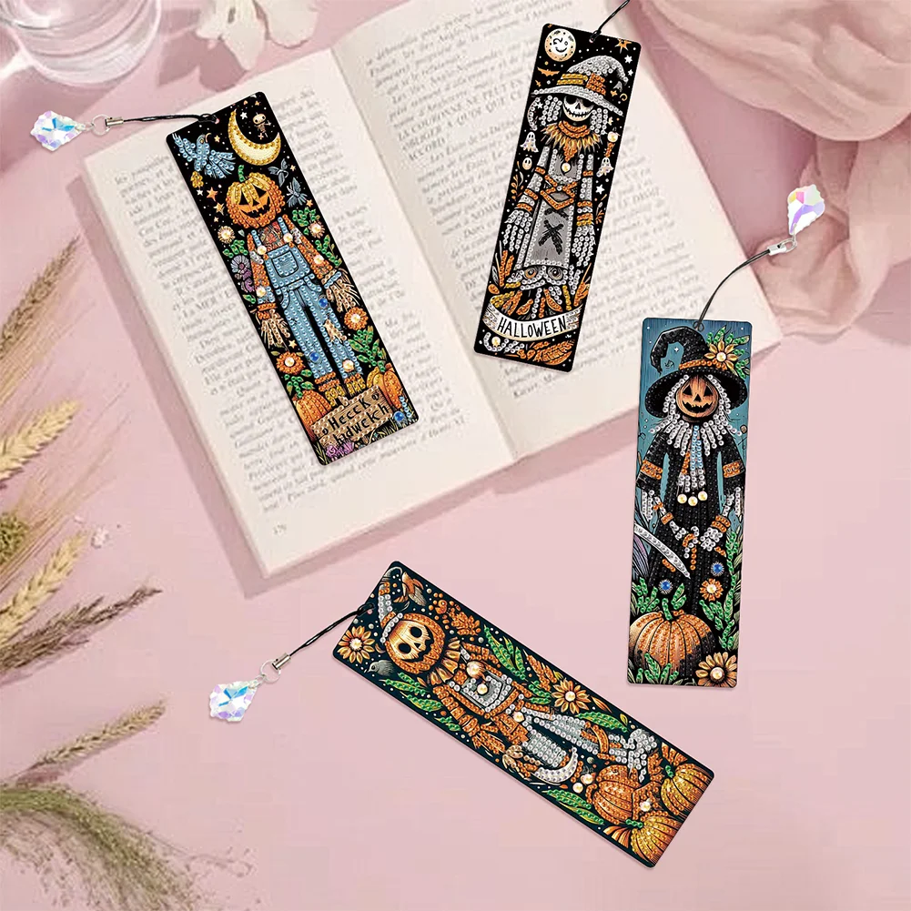 4Pcs Halloween Pumpkin Skull Themed DIY Diamond Painting Bookmark for Book Lover
