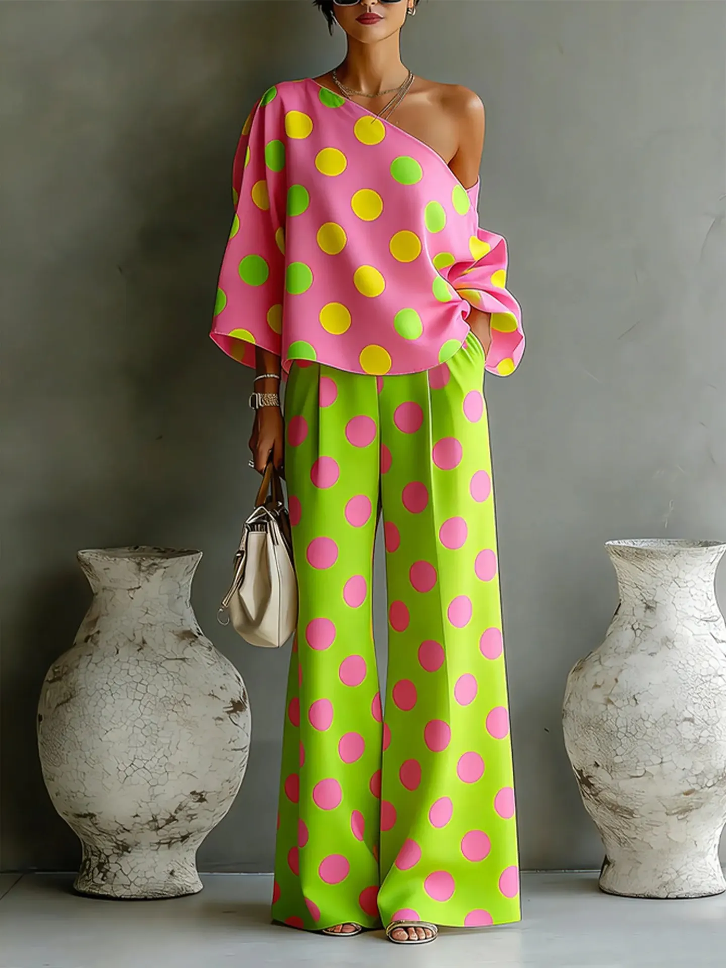 Women's Off Shoulder Polka Dot Two Piece Outfit