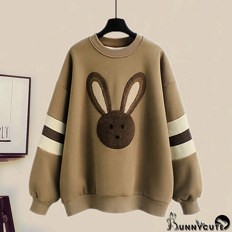 Rabbit Embroidery Colorblock Plush Sweatshirt Roll Up Denim Pants