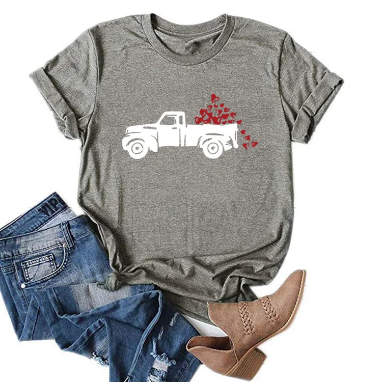 Round Neck Hearts and Car Printed Short Sleeves T-shirt