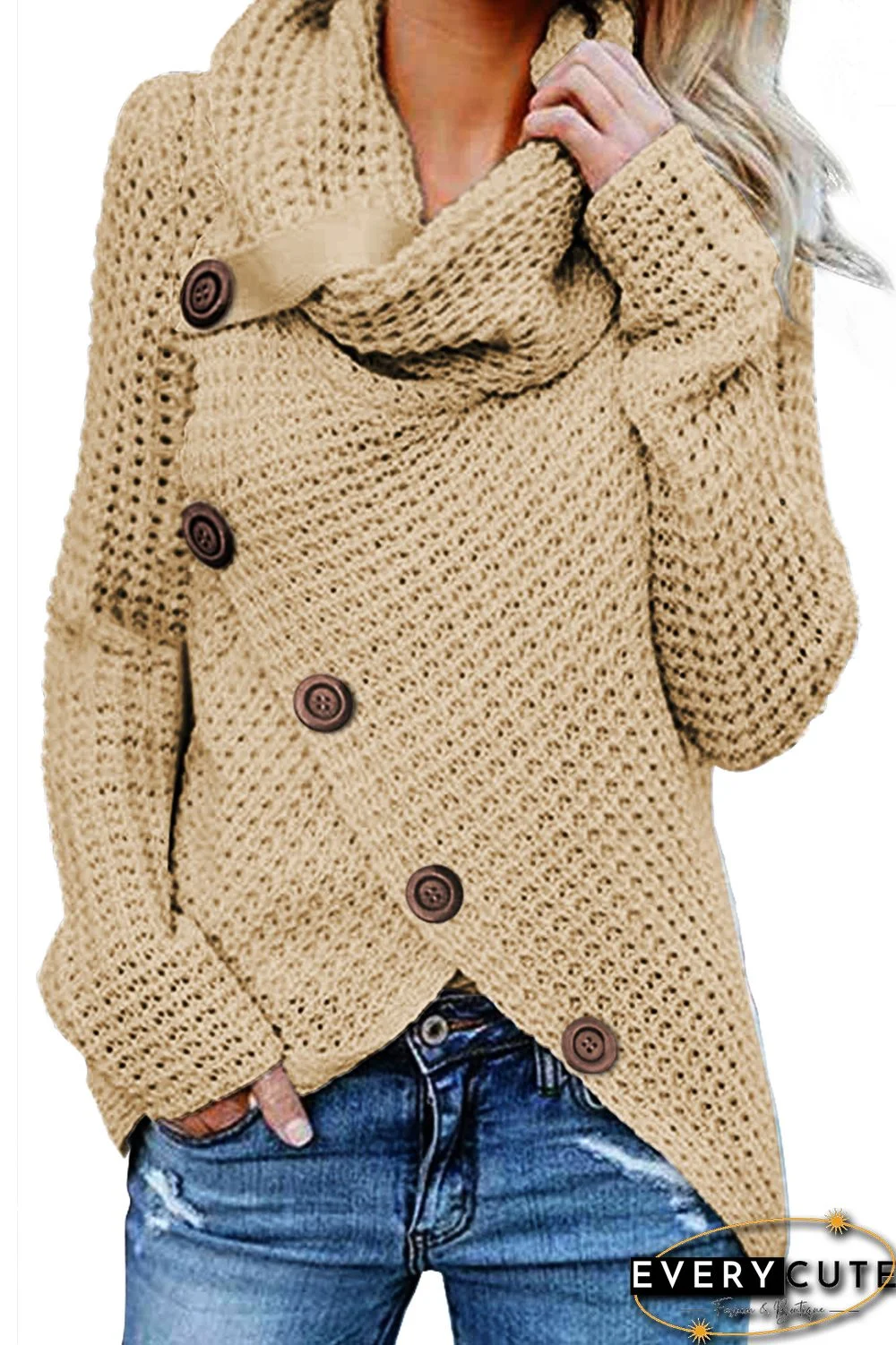 Beige Buttoned Wrap Turtleneck Sweater