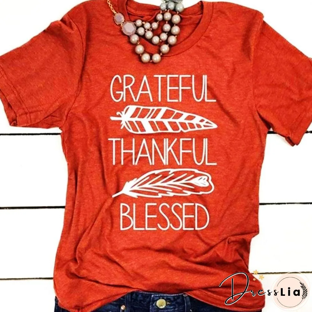 Women T-shirt Summer Short Sleeve Tees Brick Red Blessed Feather Print O-Neck Tops