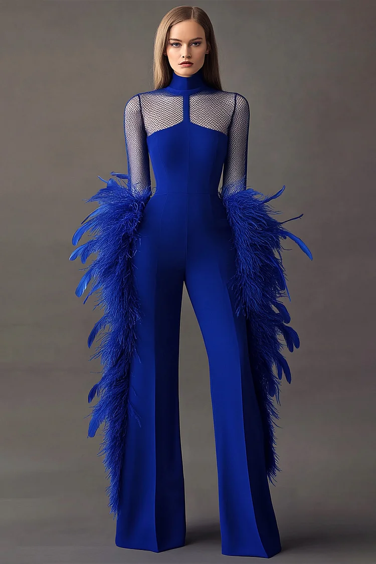 Mesh Hollow Out Feather Trim Jumpsuit-Royal Blue [Custom-Made]