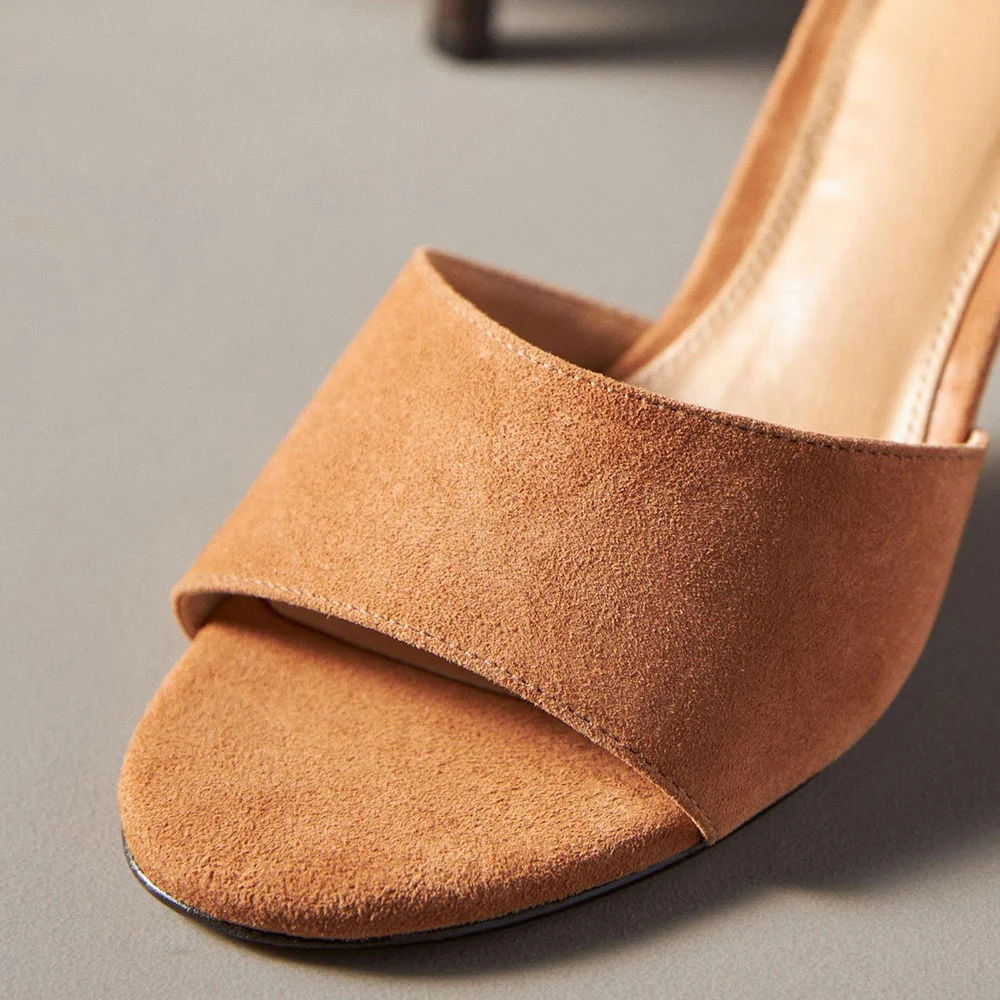 YDN Classic Vegan Suede Open-Toe Kitten Heeled Mules in Tan