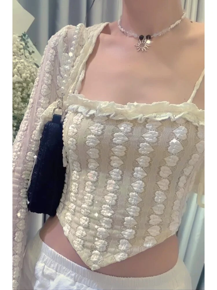 WannaThis Women Two Pieces Set Casual Sexy Floral Jacquard Long Sleeve Irregular Corset Korean Fashion Cami Streetwear 2022 Tops