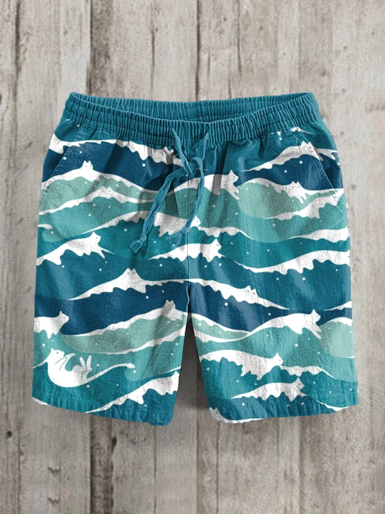 Cats And Waves Print Linen Blend Casual Shorts