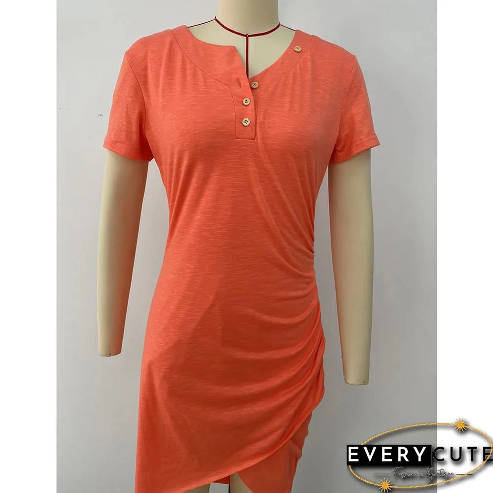 Orange Button V Neck Cross Hem Bodycon Dress