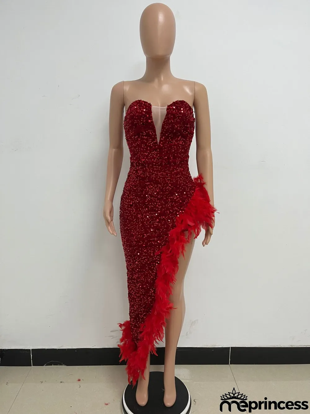 Women Sexy Off Shoulder Backless Sequin Feather Dress