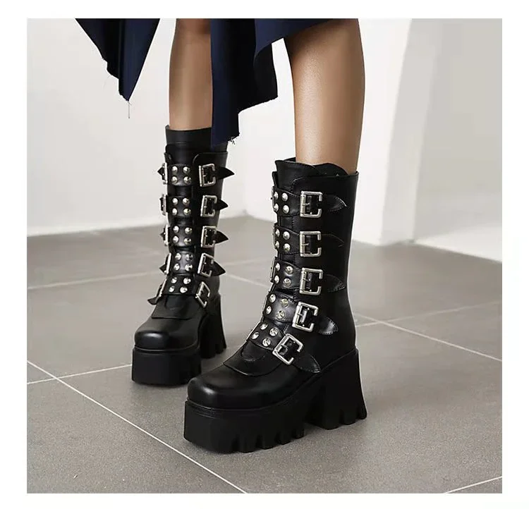 Qengg Women Wedges Metal Buckle Autumn Shoes Brand Classic Boots Women Fashion Luxury Platform Punk Ankle Boots